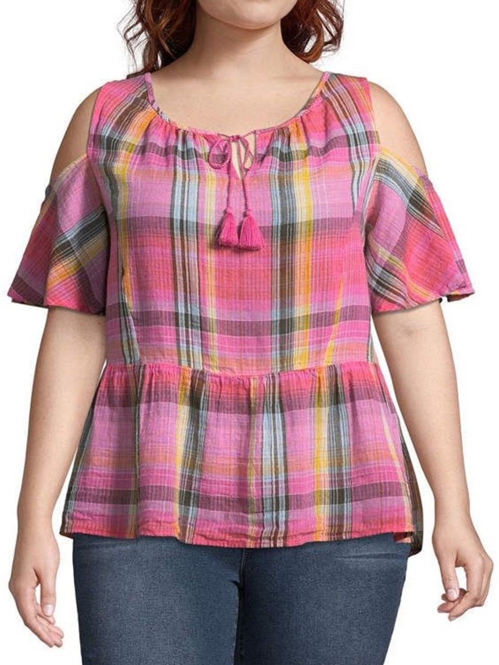 A.n.a. 2X Women's Pink Plaid Cold-Shoulder Peplum Top